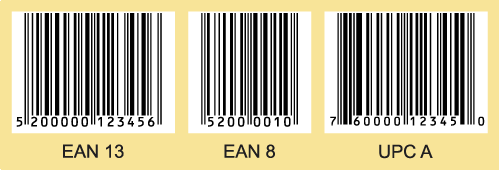 EAN 13, EAN 8, UPC A